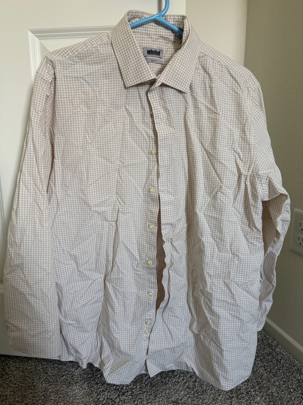 Checked Long-Sleeve Button-Up Shirt in Light Beige